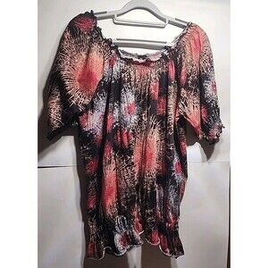 Allie & Rob Short Sleeve Shirt Top Blouse Pullover Womens Black & Coral XL